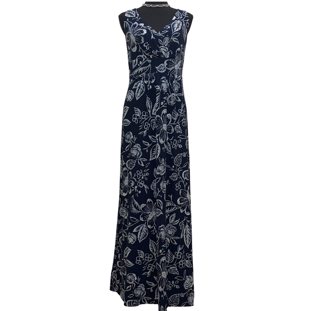 Chaps Sleeveless Maxi Dress Navy Blue Floral V-Neck Size XL Coastal Vacation